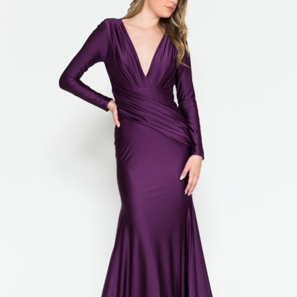 New EGGPLANT PROM PARTY EVENING LONG SLEVES MERMAID LONG SATIN DRESS ac381